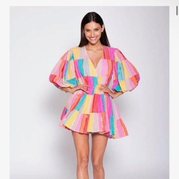 COLOMBE SHORT DRESS MULTICOLOR STRIPES & SEQUINS - Picture 1 of 7